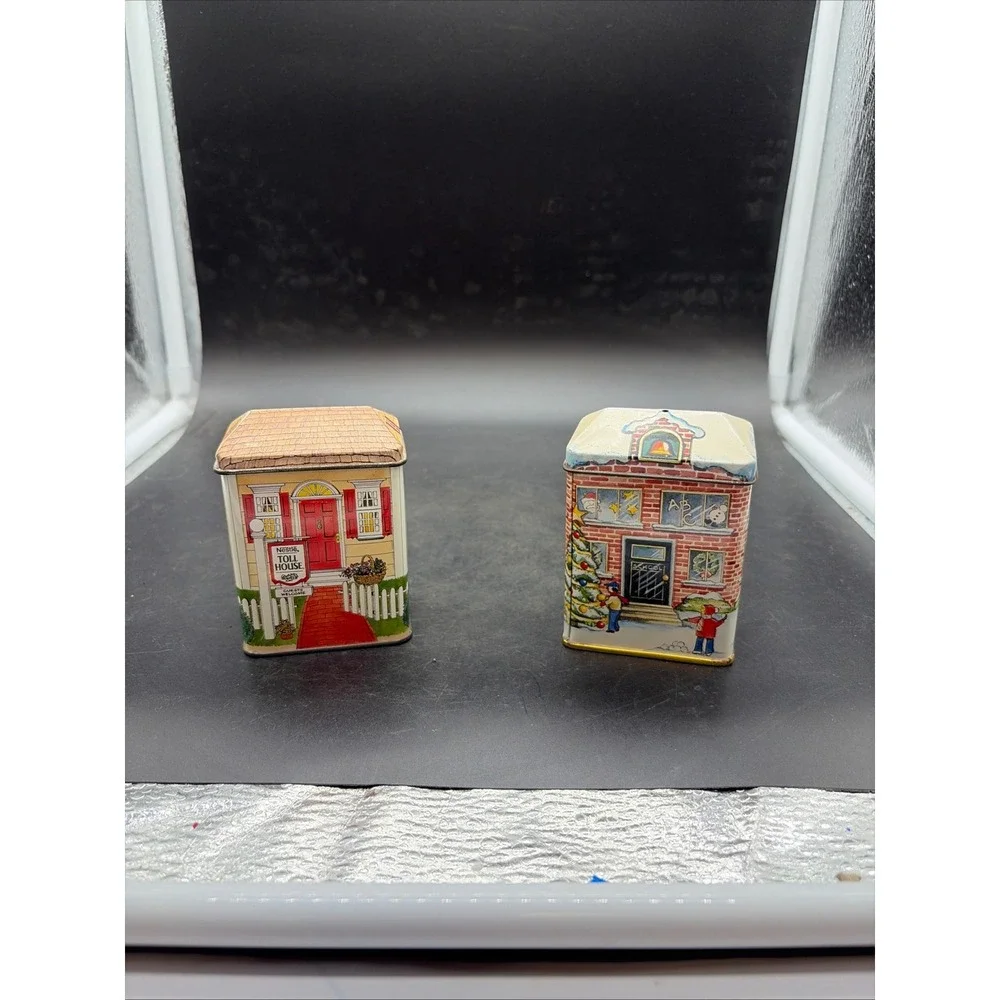 Vintage Nestle Toll House Cottage & Tin Box Co Schoolhouse Christmas Tins Set 2